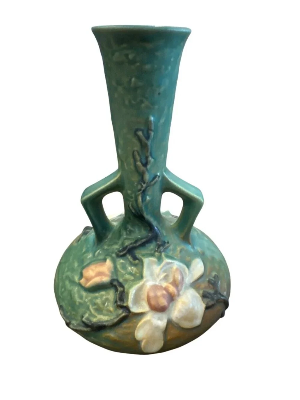 Roseville Magnolia 179-7" Green Ceramic Double Handle Vase Vintage USA - Picture 5 of 6